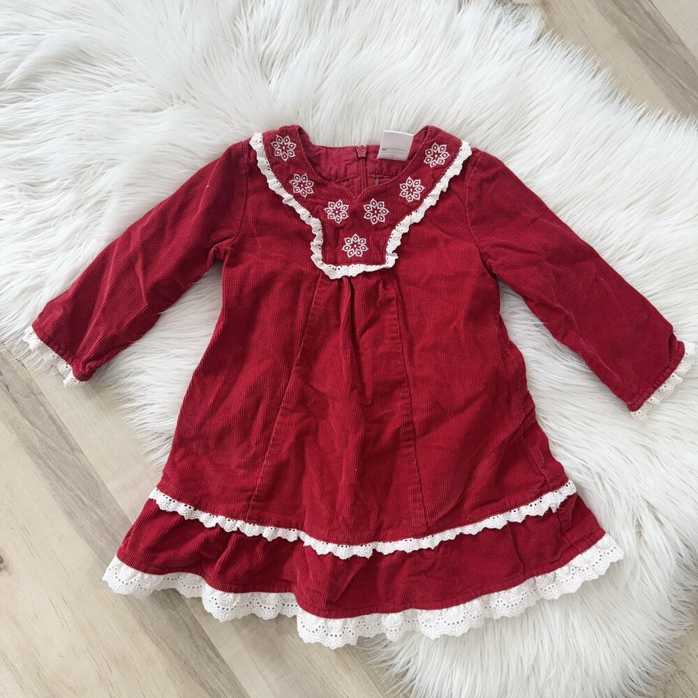 hanna andersson Girls Red Corduroy embroidered ruffle dress size 80 18/24 holida